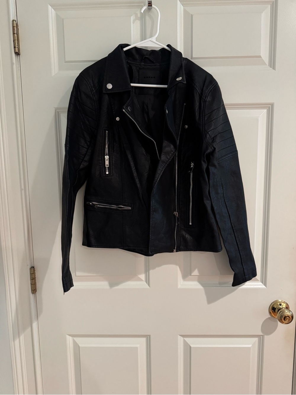 Blank NYC Black Leather Moto Jacket with Quilted Sleeve Detail
